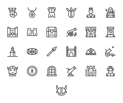 Medieval Comprehensive Bundle with 25 Detail Enhanced Regular Line High Resolution Icons vector
