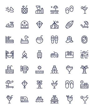 Vacation Visual Pack containing 42 Regular Line Pixel Optimized Icons vector