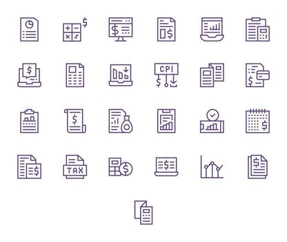25 Grid Fitted Icons themed around Financial Report in 64x64 Regular Line format vector