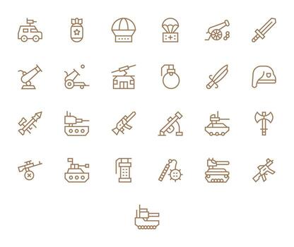 25 High Resolution Icons for Military Equipment in Editable Regular Line Format vector