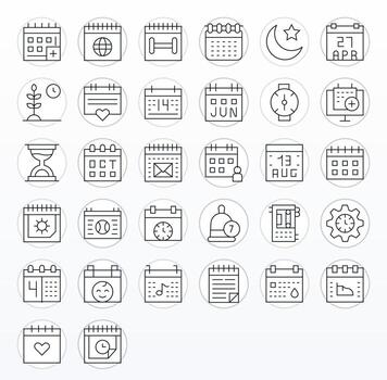 calendario moderno colección con 32 Delgado línea 256x256 píxel optimizado íconos vector