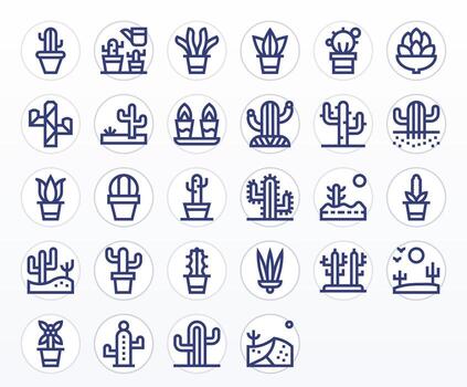 Cactus Icon Set with 28 Bold Line 64x64 Pixel Optimized Graphics vector