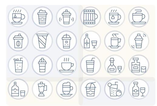 24 Thin Line Icons for Drinkware in crisp 128x128 Display Perfect resolution vector