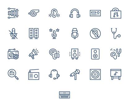 Audio Design Icons featuring 25 PIXEL Perfect Regular Line Style vector