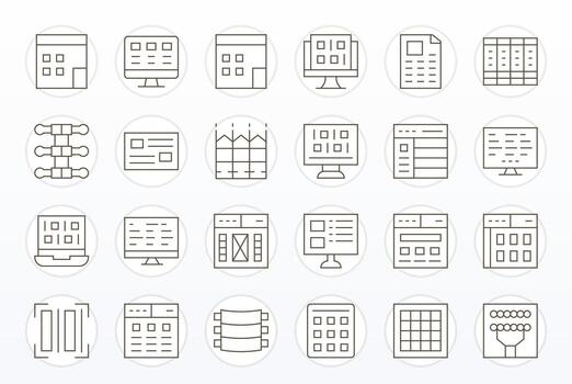 24 Icons for Rows featuring 64x64 Pixel Aligned Thin Line Graphics vector