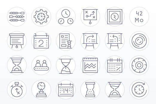 24 PIXEL Perfect Icons themed around Timeline in 64x64 Thin Line format vector