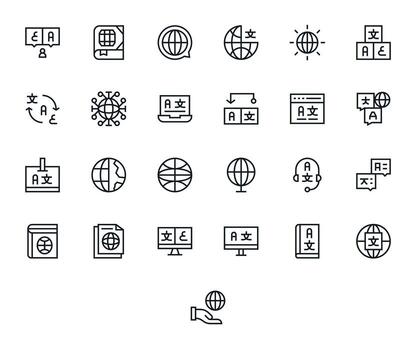 Multilingual Visual Pack containing 25 Regular Line Pixel Optimized Icons vector