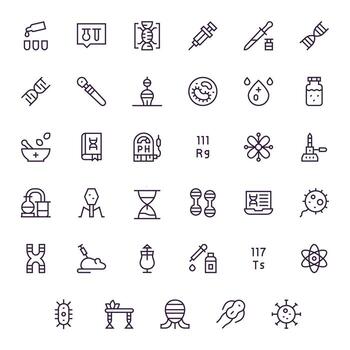 Laboratory Comprehensive Bundle with 35 Pixel Optimized Regular Line 64x64 Icons vector
