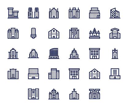 28 íconos para oficina edificio optimizado en píxel alineado 128x128 negrita línea resolución vector