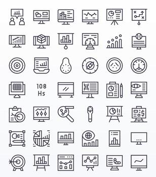 Visualization 128x128 Icon Pack with 42 Regular Line Pixel Aligned Elements vector