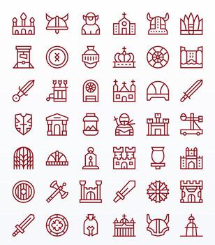 42 Regular Line Icons for Medieval in crisp 256x256 Grid Fitted resolution vector