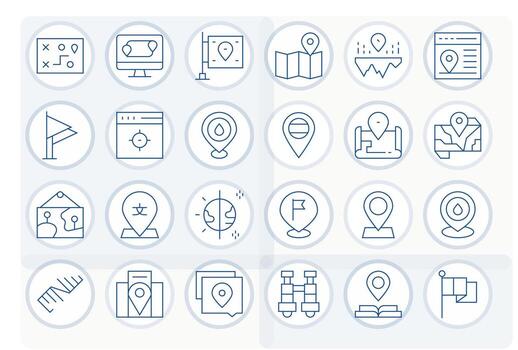 Geographical Icon Repository containing 24 Thin Line Retina Ready Grid Fitted graphics vector