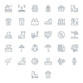 32 Pixel Aligned Icons themed around Waterproof in 128x128 Thin Line format vector