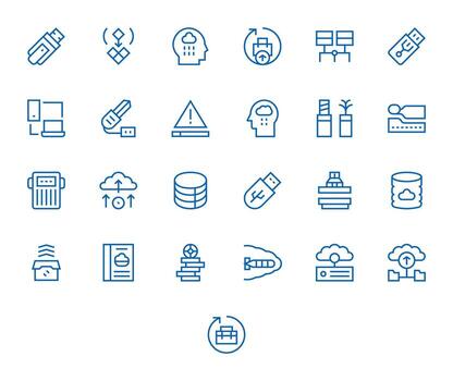 Data Backup Design Icons featuring 25 Pixel Optimized Regular Line Style vector