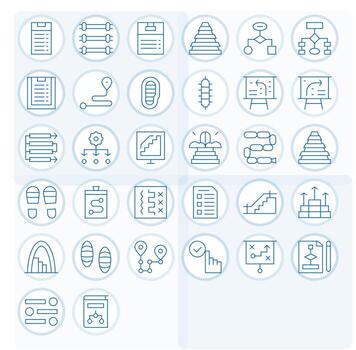 pasos visual paquete conteniendo 32 Delgado línea cuadrícula equipado íconos vector