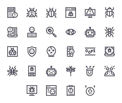Bug Icon Library with 28 Bold Line High Resolution Display Perfect Designs vector