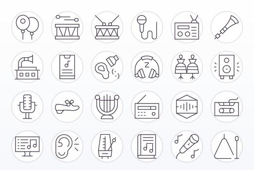 24 alto resolución Delgado línea íconos para música con píxel Perfecto precisión vector
