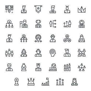 35 Icons inspired by Leadership in Pixel Optimized High Resolution Regular Line quality vector