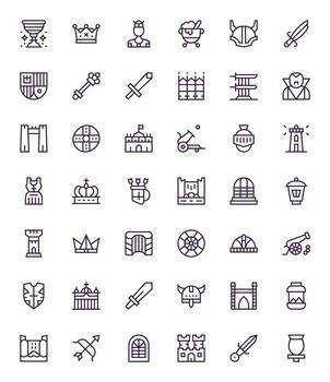 42 Regular Line Icons for Medieval in crisp 128x128 PIXEL Perfect resolution vector