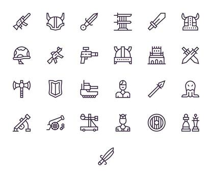 Battle Professional Set with 25 Regular Line Display Perfect 128x128 Icons vector