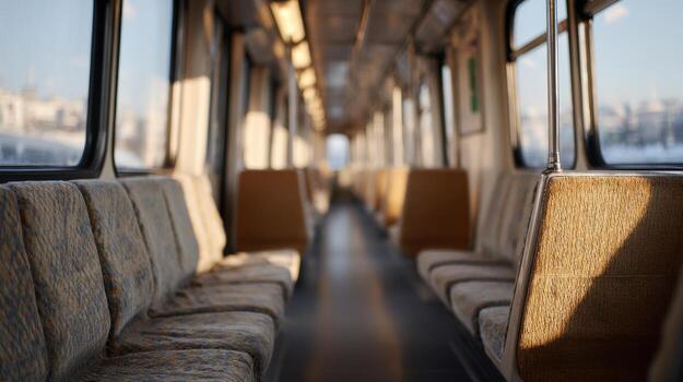 Empty Subway Train Interior With Sunlight Streaming Through Windows. Urban Transportation During Off-Peak Hours photo