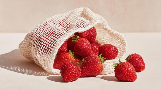 Fresh Strawberries In Reusable Mesh Bag On Light Background. Promoting Sustainable And Eco-Friendly Shopping photo