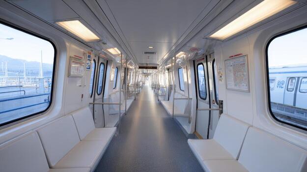 Interior Of An Empty Modern Subway Train With White Seats And Bright Lighting. Urban Transportation And Commuting photo