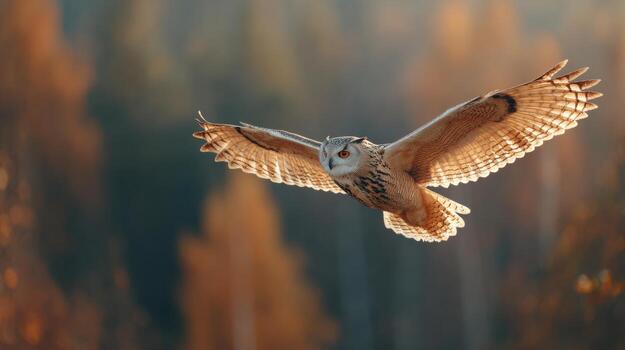 Owl In Flight Over Autumn Forest. Majestic Bird Soaring Through Colorful Fall Landscape photo