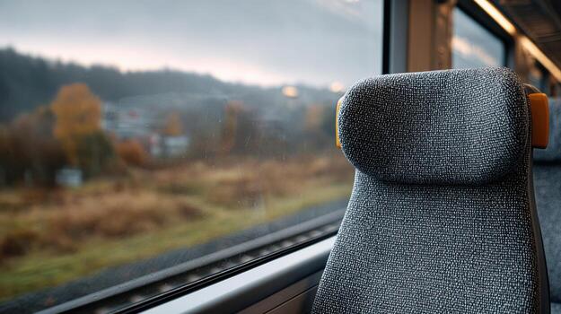 Train Seat With Scenic View Through Window On Rainy Day. Travel And Relaxation In Public Transportation photo