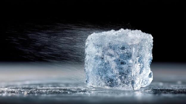 Ice Cube In Motion With Water Spray On Dark Background. Captures The Dynamic And Refreshing Essence Of Ice photo
