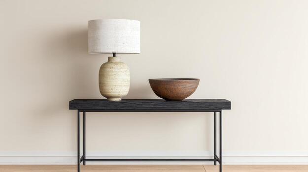 Table With Ceramic Lamp And Rustic Bowl In Minimalist Interior. Modern Home Decor And Design Elements photo