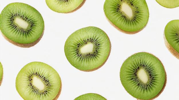 Sliced Kiwi Fruit Pattern On White Background. Fresh And Vibrant Kiwi Slices For Healthy Eating Concept photo