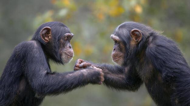 Two Chimpanzees Interacting In Natural Habitat. Display Of Social Behavior And Connection photo