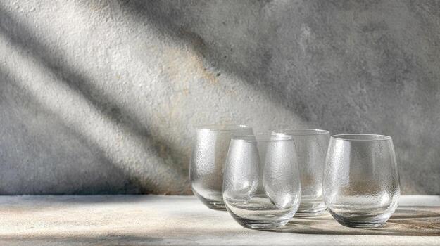 Four Textured Glass Tumblers On A Concrete Surface With Soft Shadows. Minimalist Kitchenware Design photo