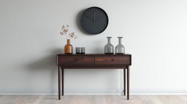 Mid-Century Modern Console Table With Decorative Vases And Wall Clock. Elegant Minimalist Interior Design photo