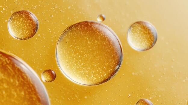 Close-Up Of Oil Droplets In Water With Golden Background. Abstract Representation Of Fluid Dynamics And Chemistry photo
