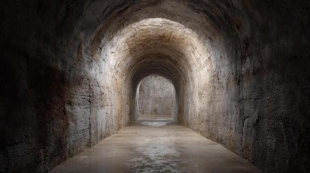Ancient Stone Tunnel With Arched Ceiling And Textured Walls. Historical Architecture And Mysterious Passageway photo