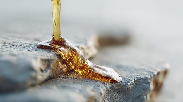 Golden Honey Dripping On Stone Surface. Natural Sweetness And Texture Contrast photo