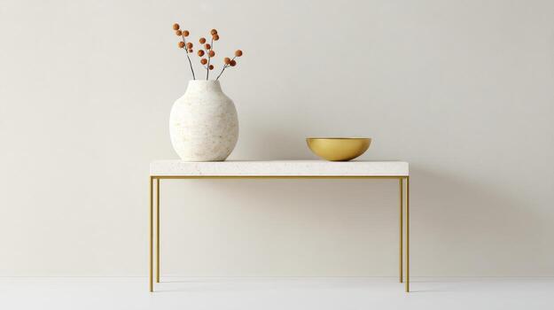 Minimalist Interior Design With Decorative Vase And Bowl On Modern Table. Elegant Home Decor Showcasing Simplicity And Style photo