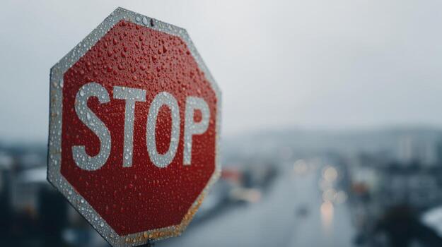 Stop Sign Covered In Raindrops On A Rainy Day. Symbol Of Caution And Safety In Wet Weather Conditions photo
