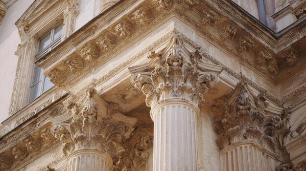 Ornate Corinthian Columns On Historic Building Facade. Architectural Elegance And Classical Design photo