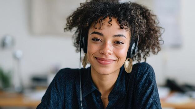 Smiling Woman With Curly Hair Wearing A Headset In An Office Setting. Customer Service Representative Engaging In A Call photo