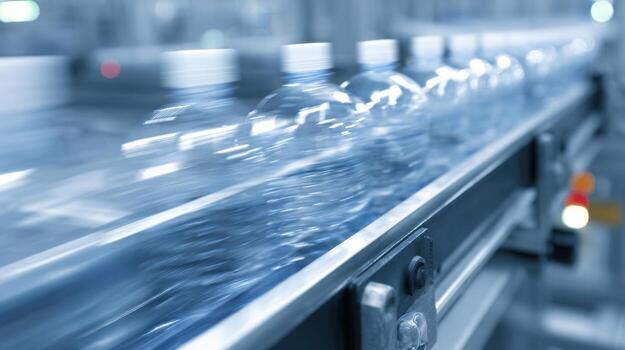 Conveyor Belt With Plastic Bottles In Motion. Automated Bottling Process In Manufacturing Plant photo