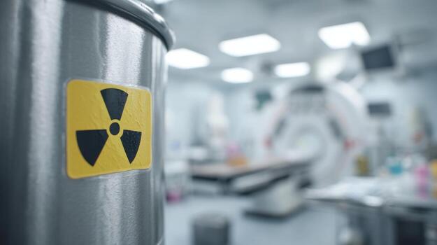 radiación advertencia firmar en médico imagen habitación. la seguridad protocolos en cuidado de la salud ambiente foto