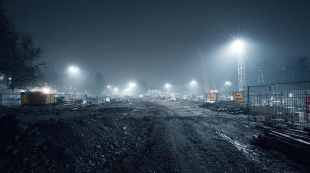 Construction Site Illuminated At Night With Bright Floodlights. Urban Development And Infrastructure Progress photo