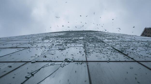 Glass Facade Of Skyscraper With Shattered Windows. Urban Architecture And Structural Damage photo