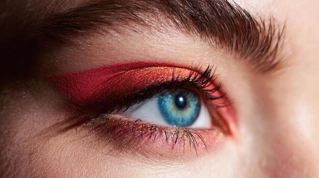 Close-Up Of A Blue Eye With Bold Red And Orange Eyeshadow. Vibrant Makeup Highlighting Eye Color And Artistic Expression photo