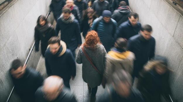 Crowded Urban Scene With Focus On Red-Haired Woman. Concept Of Individuality In A Busy World photo