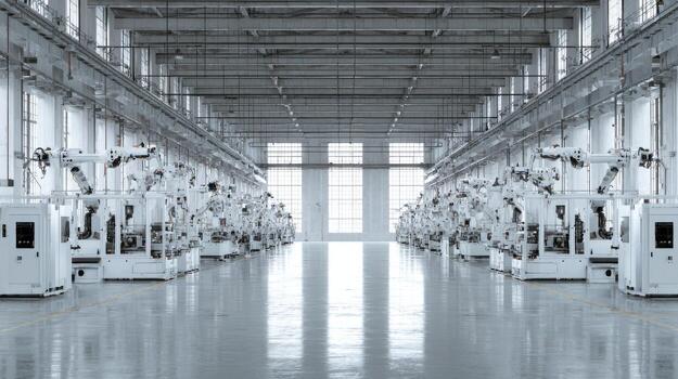 Robotic Arms In Modern Automated Factory. Industrial Automation And Advanced Manufacturing Technology photo