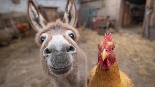 Donkey And Chicken In A Barn Looking Curiously At The Camera. Farm Animals Displaying Curiosity And Personality photo